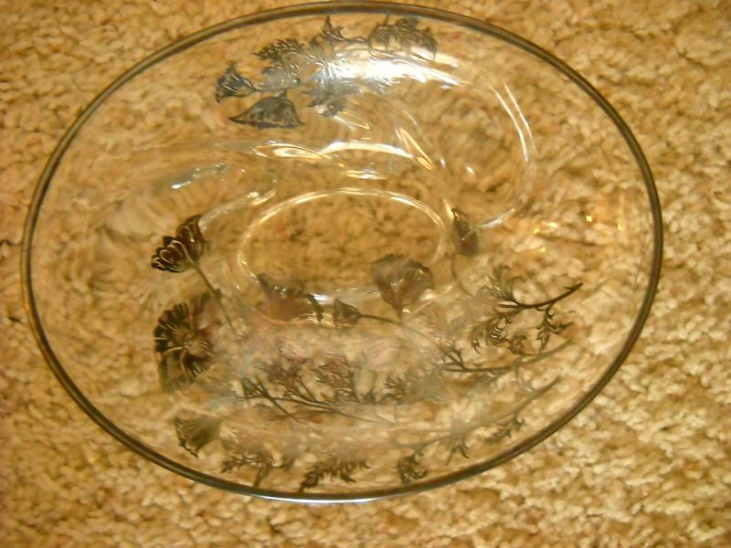 Vintage Glass Bowl w/ Silver Vine and Floral Overlay  