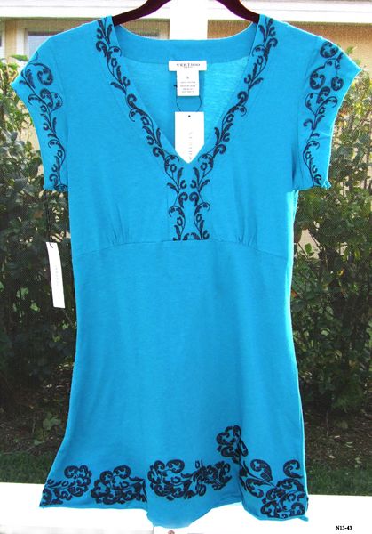 VERTIGO PARIS BLUE CAP SLEEVE EMBROIDERED COTTON SHIRT TUNIC TOP 