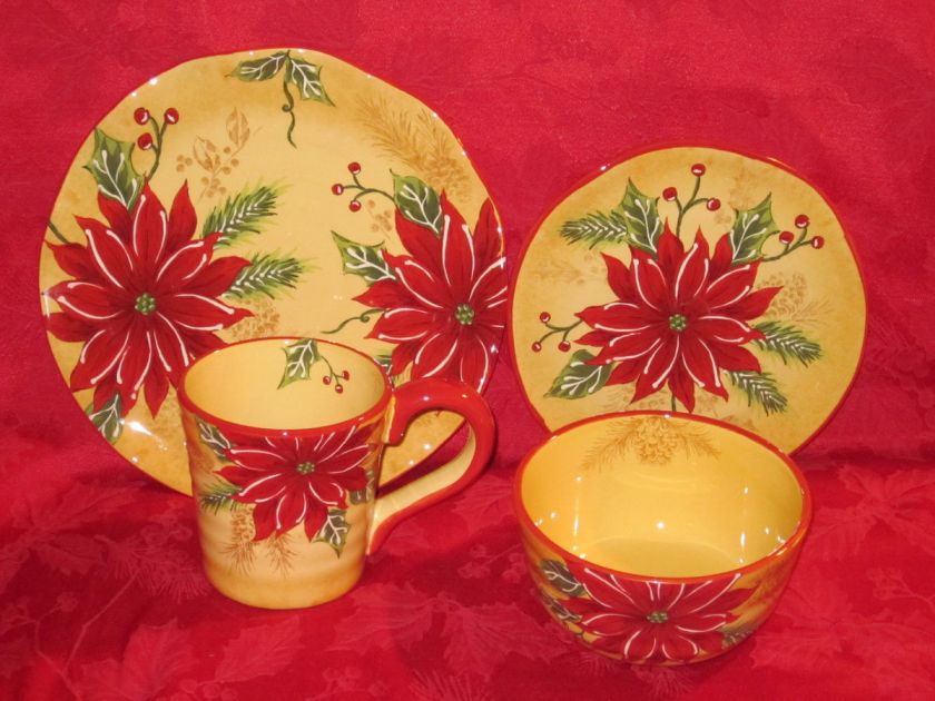 MAXCERA HONEY POINSETTIA CHRISTMAS 16PC DINNERWARE SET SERVICE FOR 4 