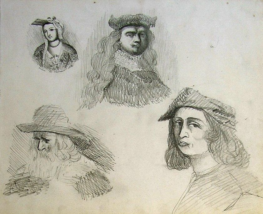 TEN FINE ANTIQUE DRAWING FAMOUS PAINTER PORTRAITS 1864  