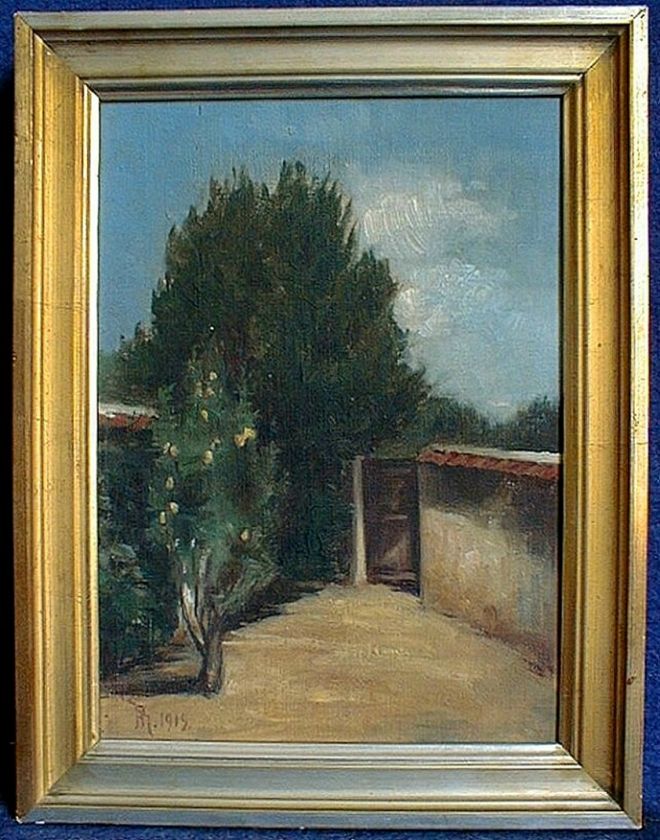 OIL PAINTING 1919 FRENCH LEMON TREE IN COURTYARD FRAMED  