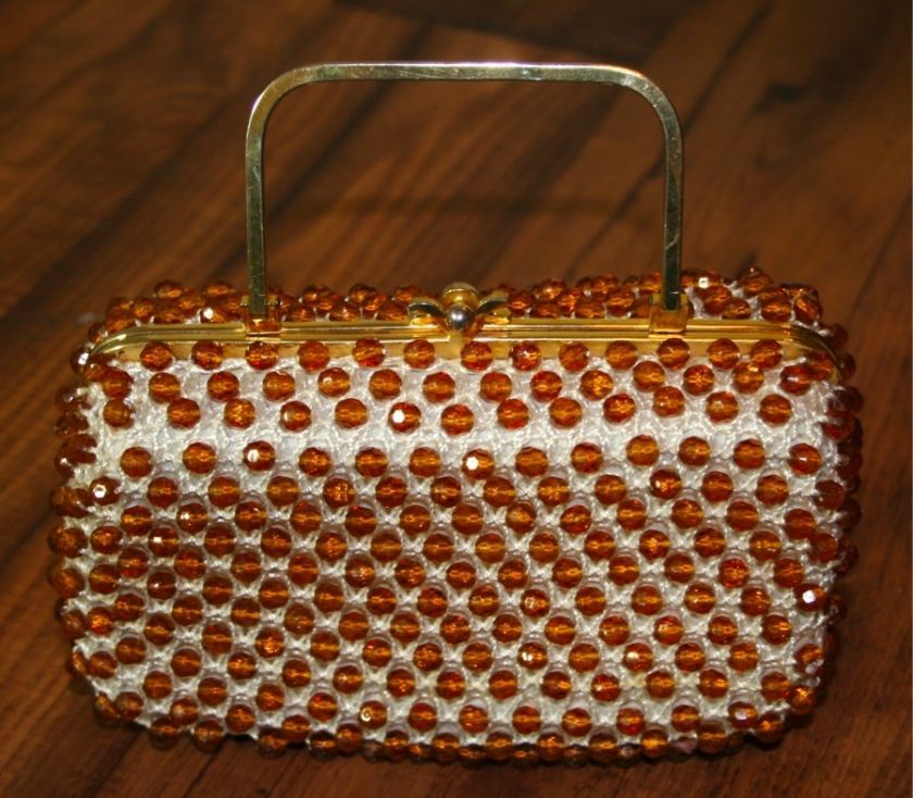 Wicka Weave Jana Vintage Orange Amber Beaded Hard Clutch Bag Purse 