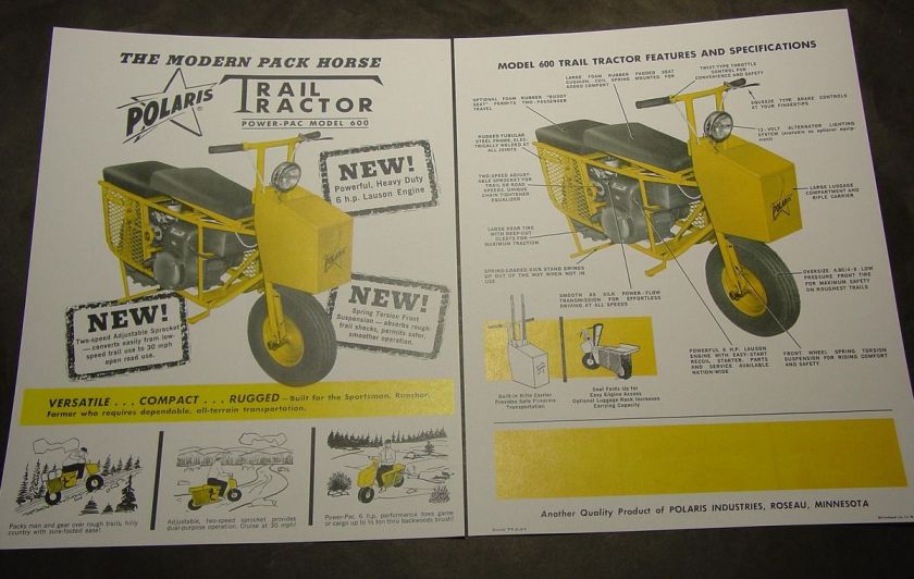 VINTAGE POLARIS SNOWMOBILE TRAIL TRACTOR SALES BROCHURE MODEL 600 