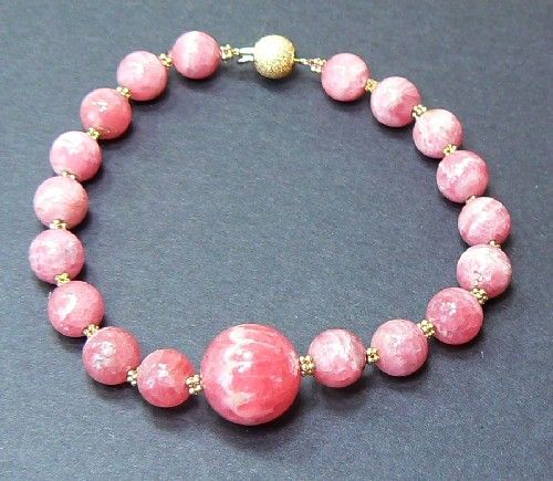 RARE GENUINE GEM PINK RHODOCHROSITE 14K GOLD BRACELET  