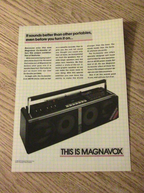 1985 MAGNAVOX ADVERTISEMENT BOOM BOX CASSETTE PLAYER AD  