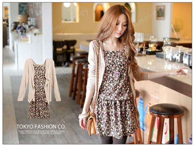   Ladys korean Fashion Cotton Cardigan Coat +Floral Dress Two piece