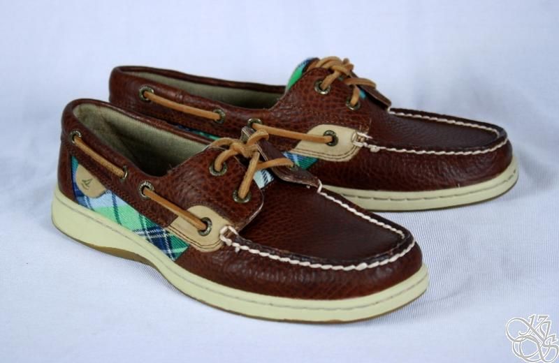 SPERRY Top Sider Bluefish Tan / Green Plaid Womens Loafers Boat Shoes 