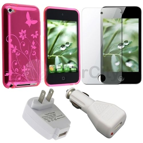 GUARD+Pink Skin Case Cover+AC+CAR CHARGER For Apple iPod Touch 4 4G 