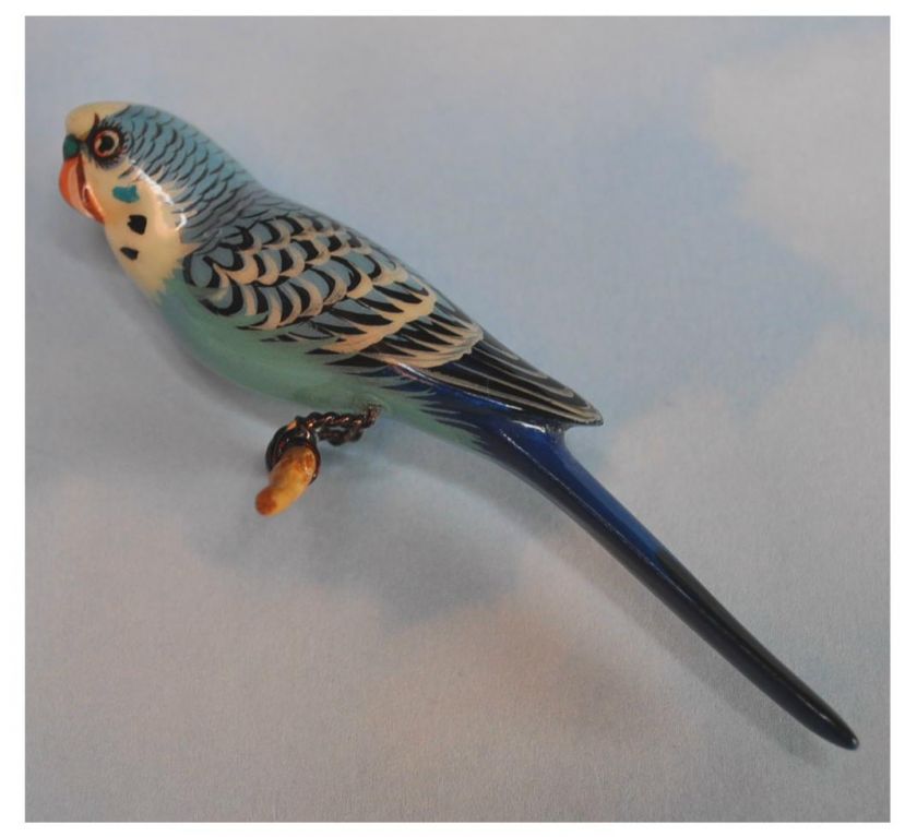 Vintage TAKAHASHI Hand Carved BLUE PARAKEET Painted WOOD BIRD Sits on 