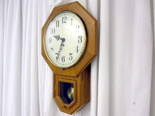 Antique School House Style Clock Hand Crafted Golden Oak Bubble Glass 