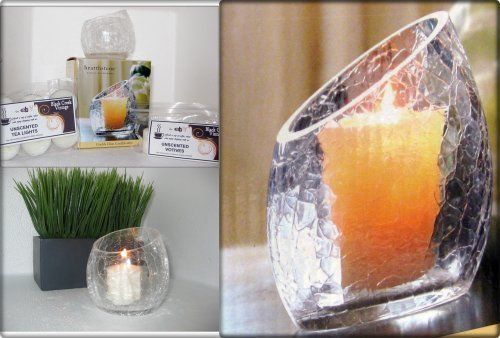   (or tealight) Holder★SLANT Glass CRACKLE★FREE Candles★  