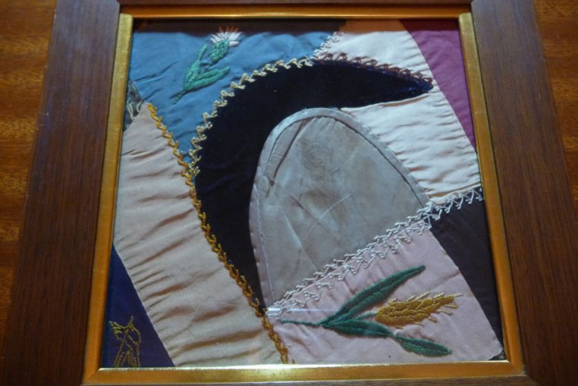 Antique folk art 1880s crazy quilt block in old frame  