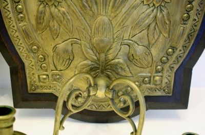   BAS RELIEF GILT METAL SCONCES W/ 2 CANDLES WOOD BACK PLATES NoR  