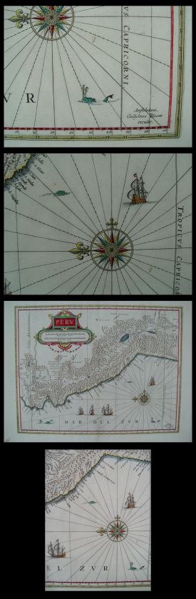 Antique MAP, PERU by W.BLAEU 1635 A.D. Old coloured copper * Amazing 