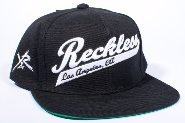   & RECKLESS BLACK WHITE VARSITY SCRIPT LOGO SNAPBACK BALL HAT  