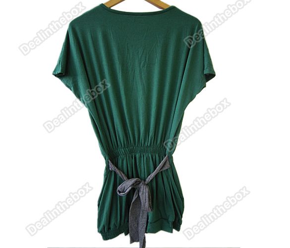   Fashion Batwing Dolman Short Sleeve Casual Cotton Mini Dress Green