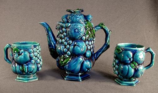 INARCO BLUE INDIGO TEA/COFFEE POT& 2 MUGS MADE IN JAPAN  