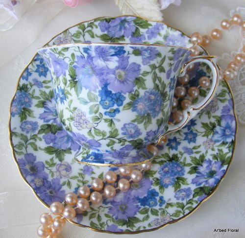 Shabby Chintz TEA CUP & SAUCER Set Periwinkle Voilet  