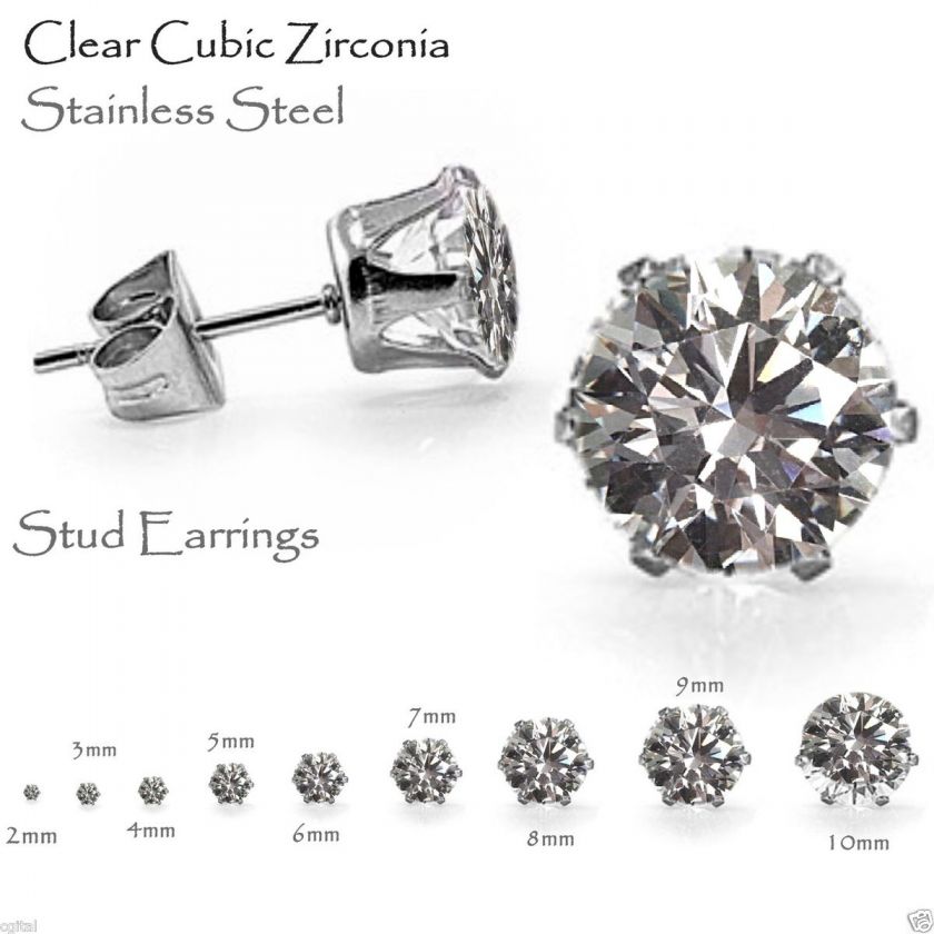 Clear Stud Earrings, Brilliant Round Cut CZ Stainless Steel   Sizes 