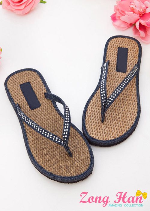 Jeweled Straw Mat Flats Flip Flop Thongs 2 Colours  