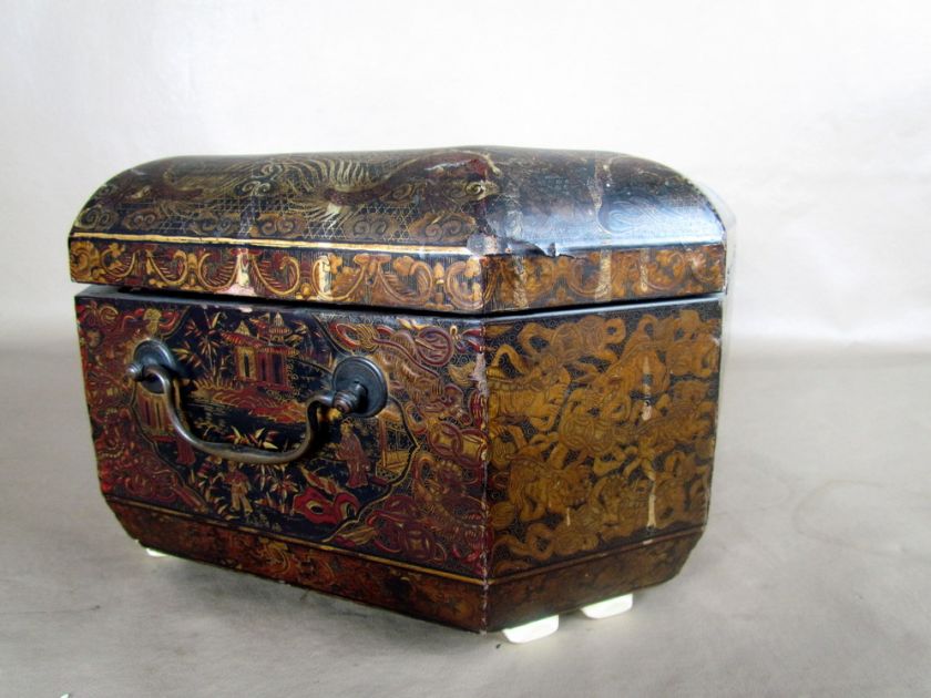   Antique Chinese Export Chinoiserie Sewing Box with Bone Implements