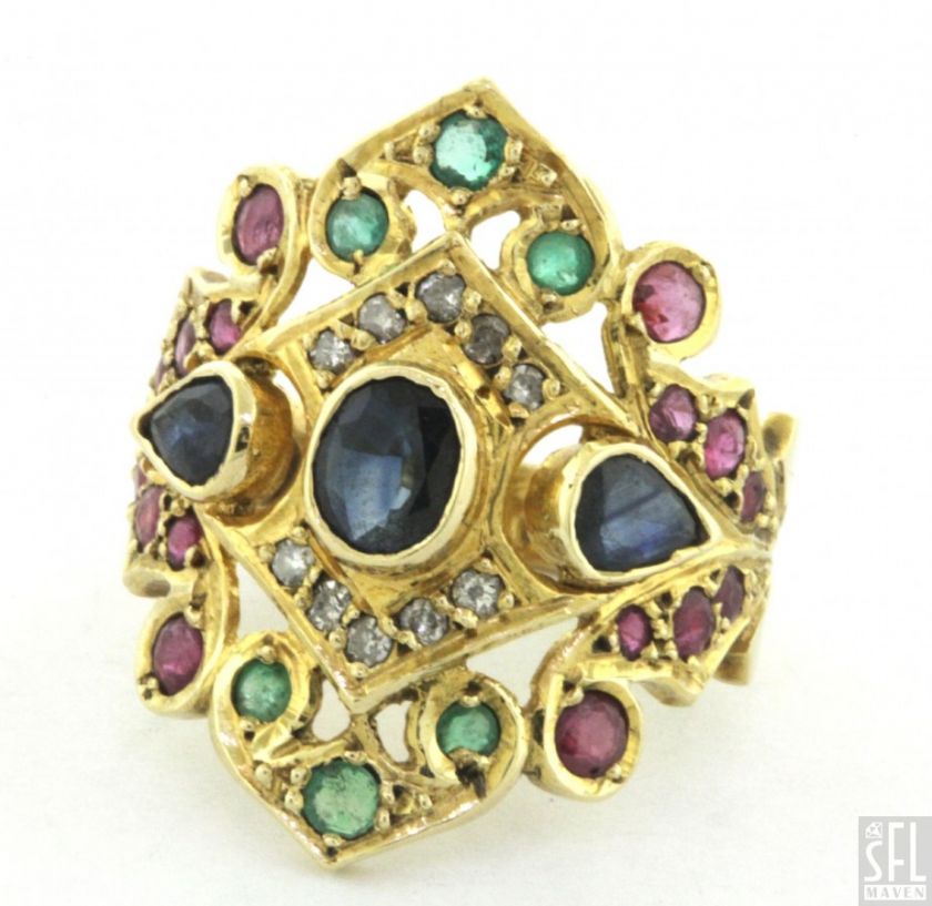   18K GOLD 3.05CTW DIAMOND/EMERALD/RUBY/SAPPHIRE CLUSTER COCKTAIL RING