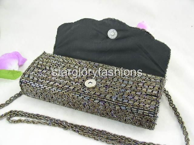 Olive Brown Beaded Handbag Clutch 3 Uses Shell Flap  