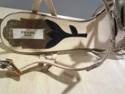 STUNNING PRADA MILANO BRONZE TULIP & LEAF CUT LEATHER STRAPPY HEELS 