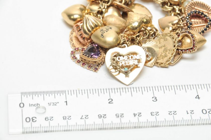 14K VINTAGE CHARM BRACELET ~ 43 Hearts ~GEMS w/ Yellow, Rose, White 