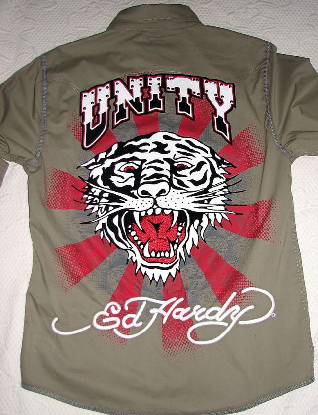 ED HARDY SAGE UNITY RHINESTONE TIGER SHIRT M NWT  