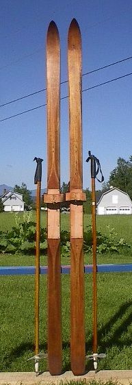 VINTAGE Wooden Skis 80 Long + Bamboo Poles ANTIQUE  