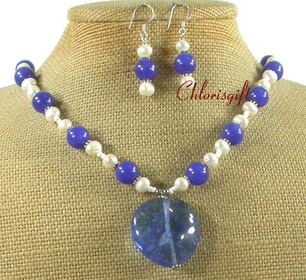 TANZANITE QUARTZ BLUE JADE PEARL NECKLACE/EARRINGS SET  