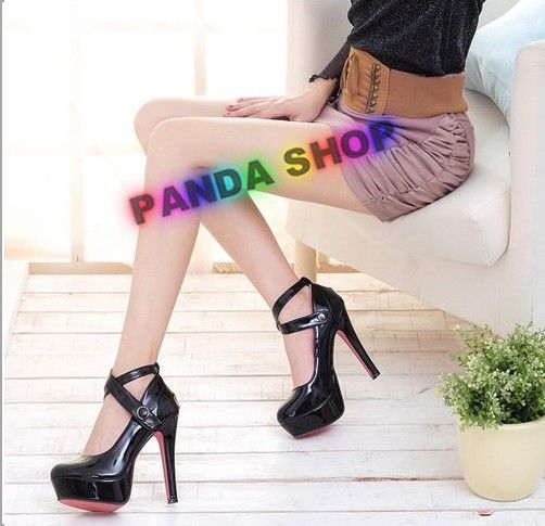 SS032 Black Strap Buckle Lady Stiletto Pump Super High Heel Shoes 