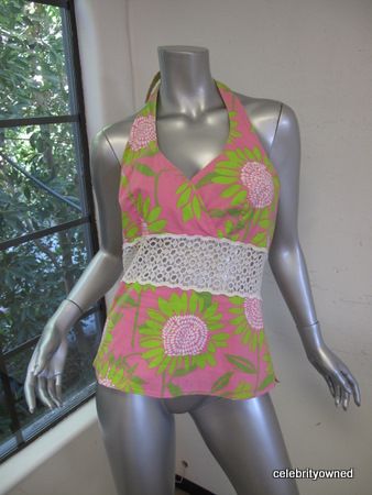 Lilly Pulitzer Pink & Green Crochet Waist Halter Top 10  