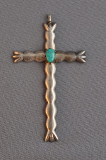 LARGE NAVAJO CAST HEAVY VINTAGE SILVER CROSS TURQUOISE  