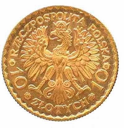 POLAND 10 ZLOTYCH Y 32 UNC GOLD COIN 1925  