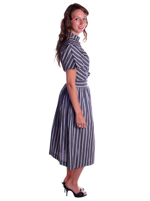 Vintage Gray Striped Cotton Day Dress 1940s Size 6 8  