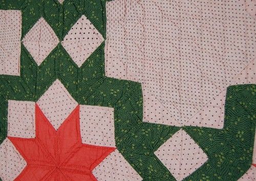 1870s Red & Green Carpenters Wheel Antique Quilt  