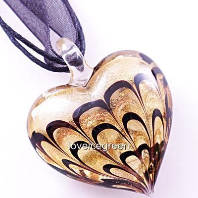 Gold Black Heart Lampwork Glass Bead Pendant Necklace  