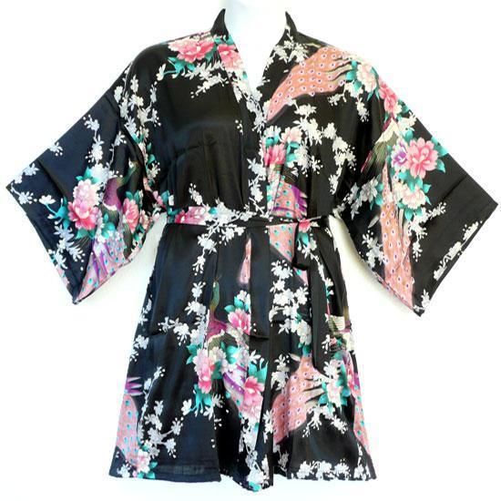 Plus Size XXL Peacock Japanese Kimono Short Silky Sleep Robe Black 