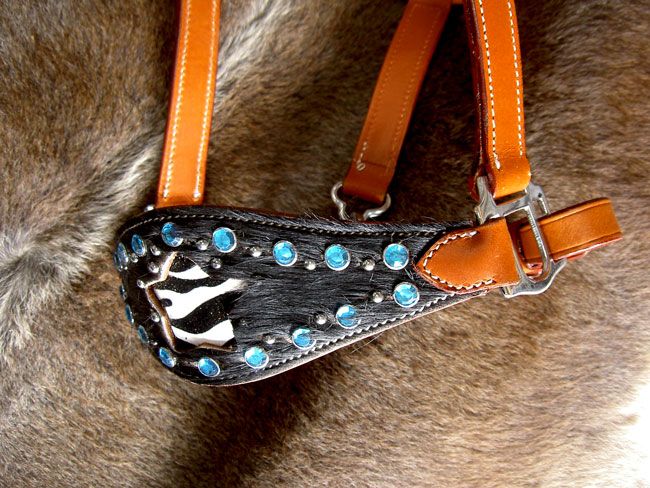 HALTER SADDLE BRONC HAIR ON AQUA TAN TACK ZEBRA BLING  