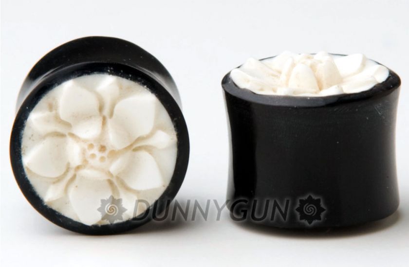 BONE CARVED CHERRY BLOSSOM FLOWER HORN PLUGS gauge  