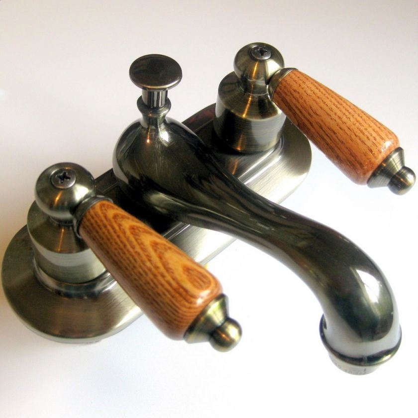 Antique Brass 4 Centerset Bathroom Faucet Oak Wood Handles Lavatory 