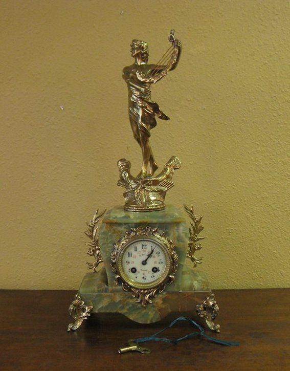 Antique French onyx figural mantle clock Louis XV style harp  