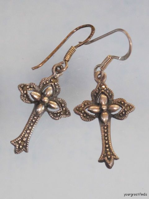 VINTAGE 925 STERLING SILVER & MARCASITE HOLY CROSS PIERCED EARRINGS 