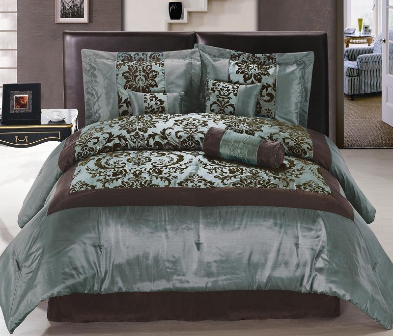   Blue Brown Flocking Floral Comforter Bed in a Bag Set King Size  