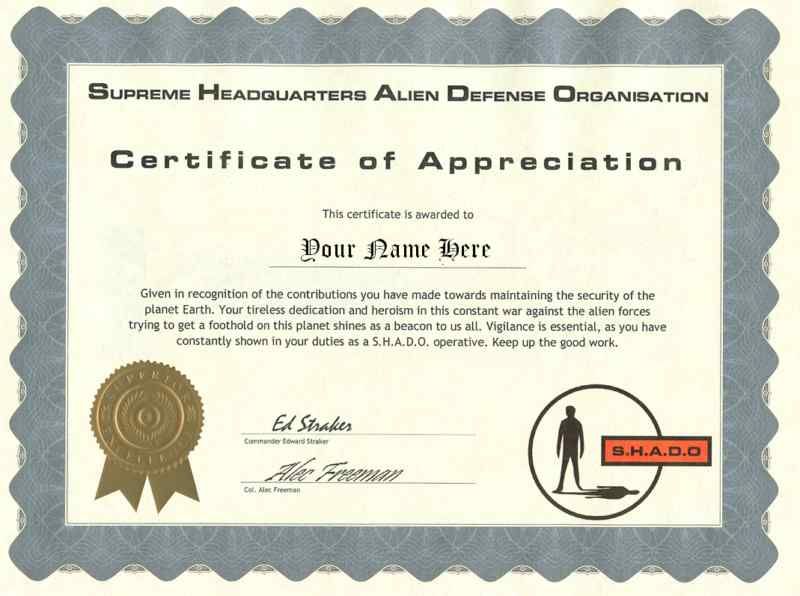 UFO SHADO Certificate of Appreciation   Personalized  