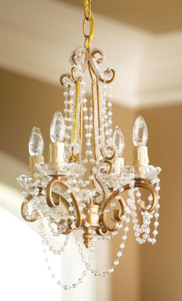 SHABBY FRENCH CHIC 4 Arm Petite CHANDELIER Crystal Drop Antique Gold 