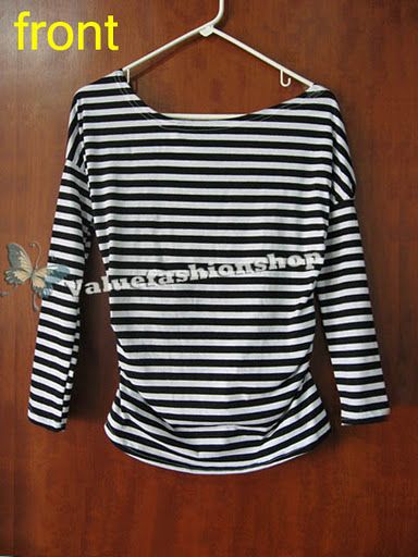   Shoulder Ruched Stripe Long Sleeve Club Cotton Tee Top T Shirt YH1701