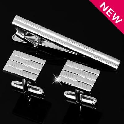   STRIPES SILVER STAINLESS STEEL WEDDING CUFFLINKS TIE CLIP BAR CLASP